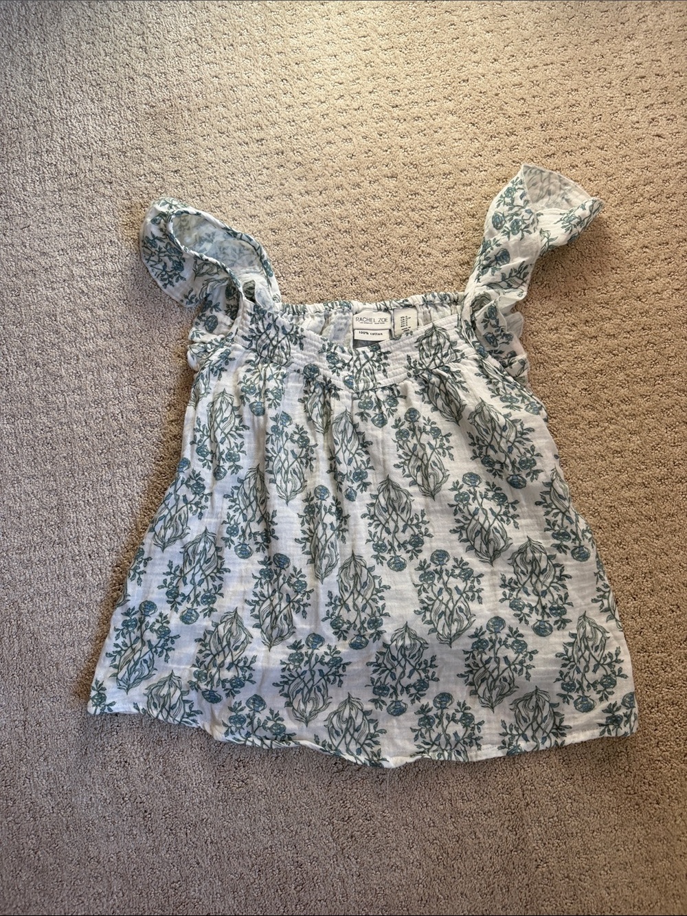 White Top with Green Floral Print and Ruffle Sleeves - Size small